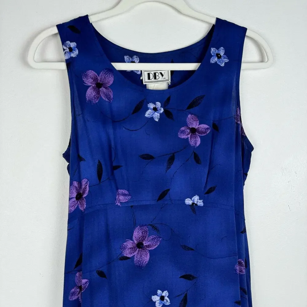Vintage 90s Floral Corset Tie Back Long Maxi Dress Blue Purple Sleeveless 9/10